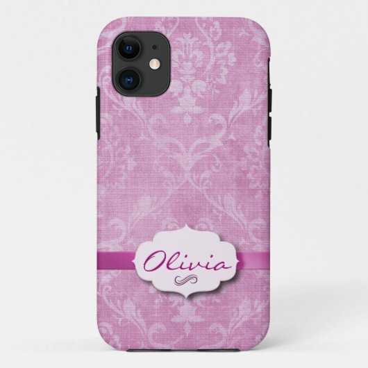 Roze Damask met naamplaat Case-Mate iPhone Case (Achterkant)