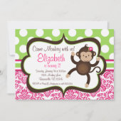 Roze Damask Mod Monkey Girl Birthday Party Invite Kaart (Voorkant)
