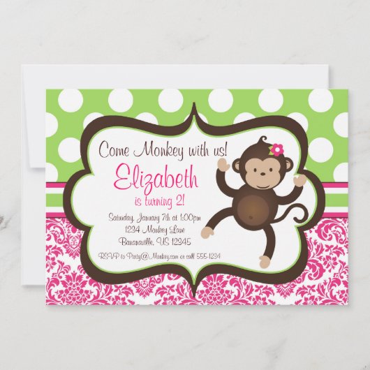 Roze Damask Mod Monkey Girl Birthday Party Invite Kaart (Voorkant)