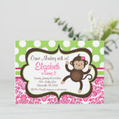 Roze Damask Mod Monkey Girl Birthday Party Invite Kaart (Staand voorkant)