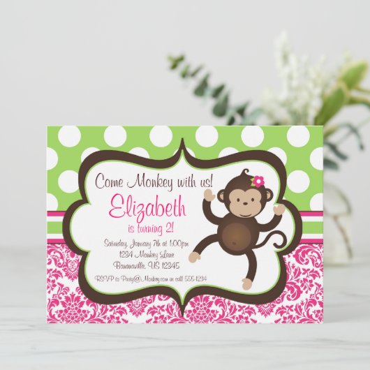 Roze Damask Mod Monkey Girl Birthday Party Invite Kaart (Staand voorkant)