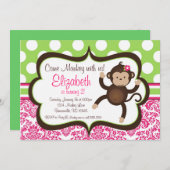 Roze Damask Mod Monkey Girl Birthday Party Invite Kaart (Voorkant / Achterkant)