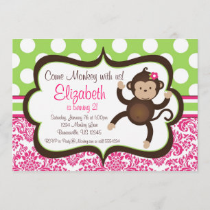 Roze Damask Mod Monkey Girl Birthday Party Invite Kaart