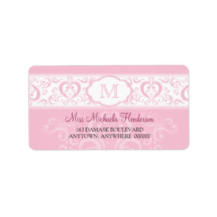 Roze Damask Monogram Adreslabel Etiket