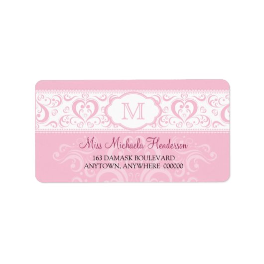 Roze Damask Monogram Adreslabel Etiket (Voorkant)
