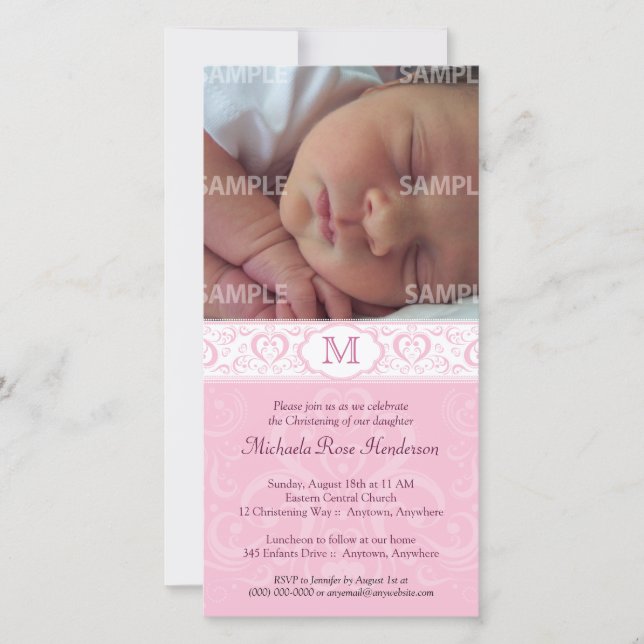 Roze Damask Monogram Baptism/Christening (Voorkant)