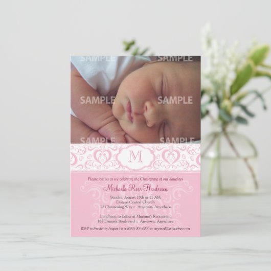 Roze Damask Monogram Baptism/Christening Kaart (Staand voorkant)