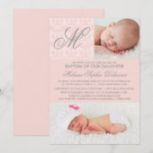 Roze Damask Monogram Baptisme Fotouitnodiging Kaart (Voorkant / Achterkant)