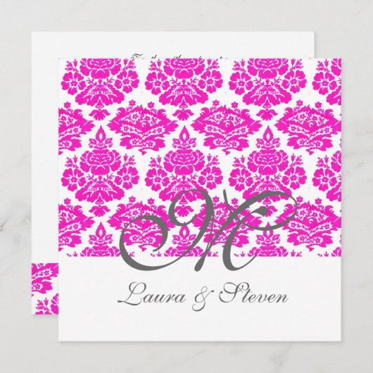 roze damask monogram bruiloft kaart (Voorkant / Achterkant)