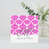 roze damask monogram bruiloft kaart (Staand voorkant)