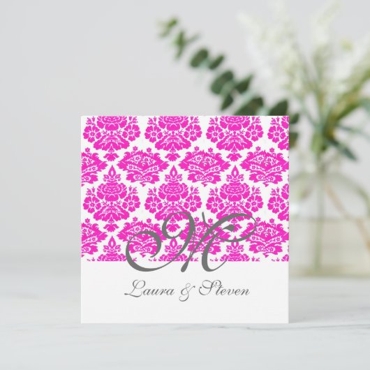roze damask monogram bruiloft kaart (Staand voorkant)