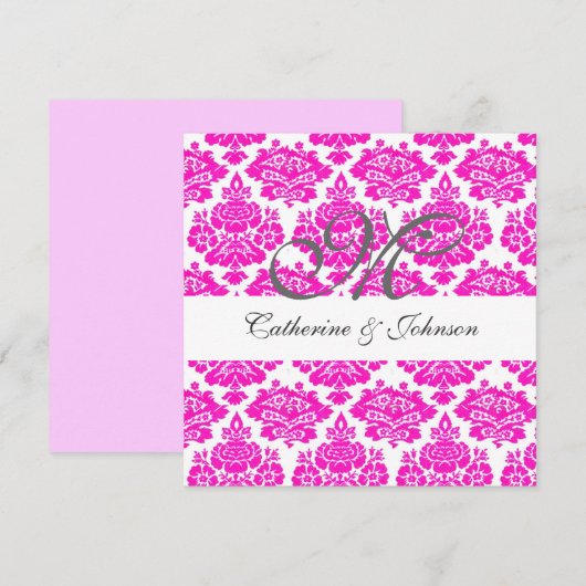 roze damask monogram bruiloft uitnodiging toevoege (Voorkant / Achterkant)