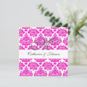 roze damask monogram bruiloft uitnodiging toevoege (Staand voorkant)