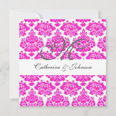 roze damask monogram bruiloft uitnodiging toevoege (Voorkant)