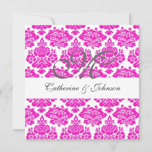 roze damask monogram bruiloft uitnodiging toevoege (Voorkant)