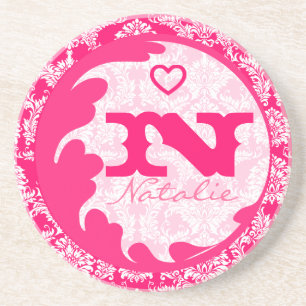 Roze Damask Monogram Gepersonaliseerd Onderzetter