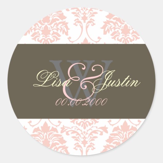 Roze Damask monogram trouwstickers Ronde Sticker (Voorkant)