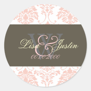Roze Damask monogram trouwstickers Ronde Sticker