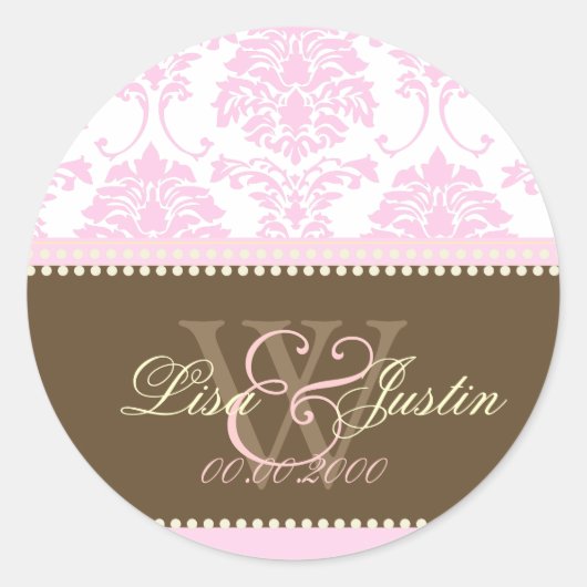 Roze Damask monogram trouwstickers Ronde Sticker (Voorkant)
