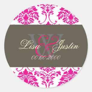 Roze Damask monogram trouwstickers Ronde Sticker