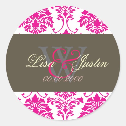 Roze Damask monogram trouwstickers Ronde Sticker (Voorkant)