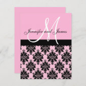 Roze Damask Monogram Wedding Invitations Kaart (Voorkant / Achterkant)