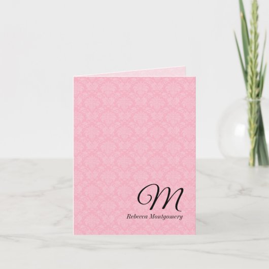 Roze Damask Monogrammed Deluxe Notitiekaartje (Voorkant)