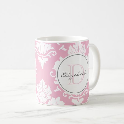  Roze  Damask Monogrammed Mok (Voorkant rechts)