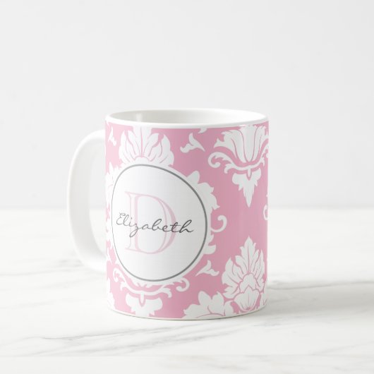  Roze  Damask Monogrammed Mok (Voorkant links)