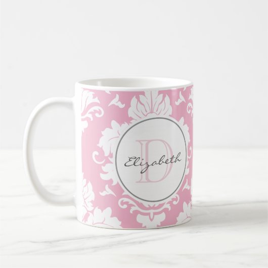 Roze  Damask Monogrammed Mok (Links)