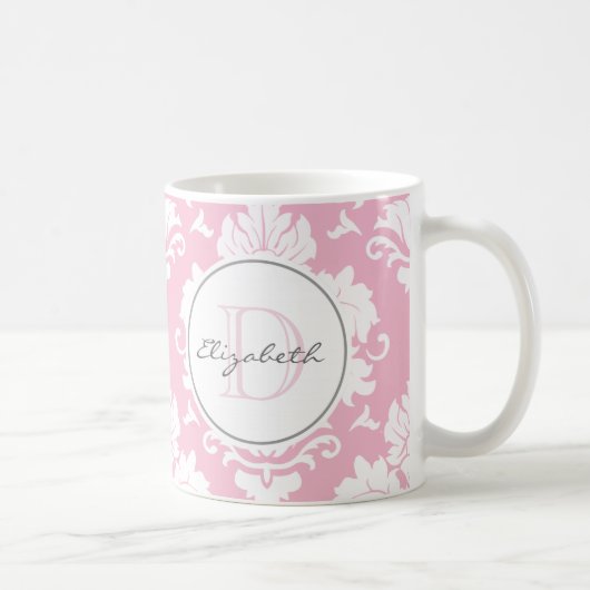  Roze  Damask Monogrammed Mok (Rechts)
