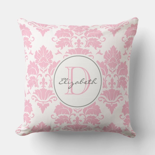 Roze Damask Monogrammed Pillow Kussen (Voorkant)