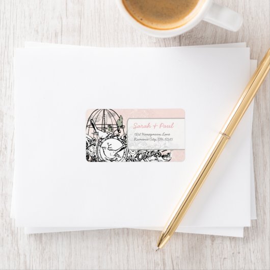 Roze Damask Musical  Bird Cage Address Etiket (Insitu)