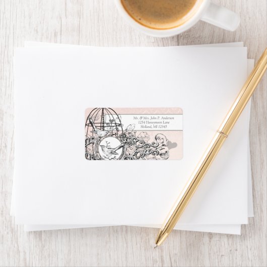 Roze Damask Musical  Bird Cage Etiket (Insitu)