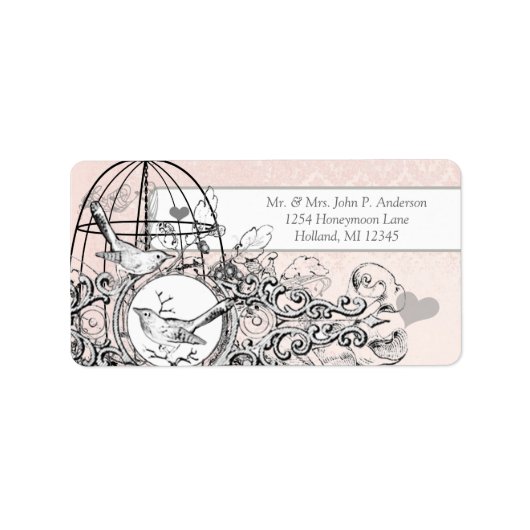 Roze Damask Musical Bird Cage Etiket (Voorkant)
