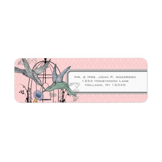 Roze Damask Musical Humming Bird Cage Etiket (Voorkant)