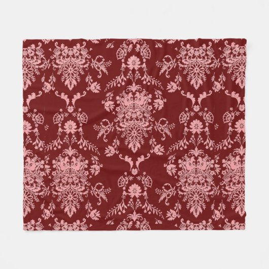 Roze Damask op Maroon Fleece Deken (Voorkant (Horizontaal))