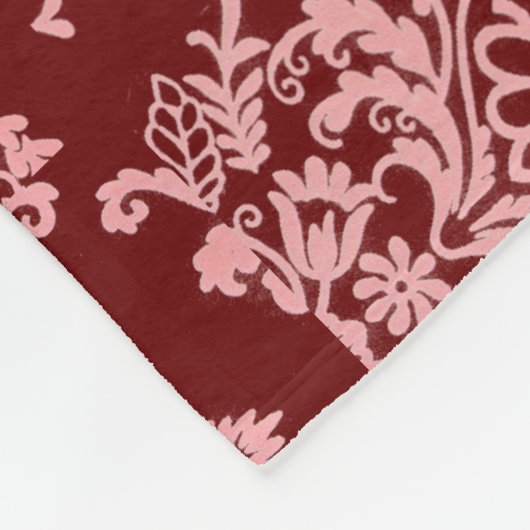 Roze Damask op Maroon Fleece Deken (Hoek)