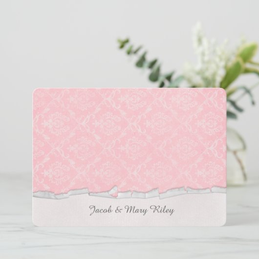 roze damask party kaart (Staand voorkant)