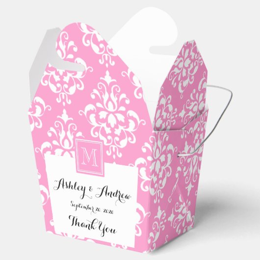Roze Damask Patroon 1 met Monogram Bedankdoosjes (Geopend)