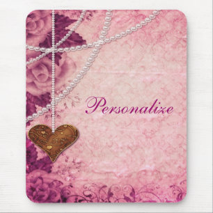 Roze Damask, Pearls, Heart & Rozen Mousepad Muismat