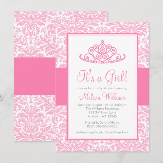 Roze Damask Princess Crown Girl Baby shower Kaart (Voorkant / Achterkant)