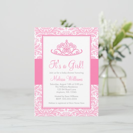Roze Damask Princess Crown Girl Baby shower Kaart (Staand voorkant)