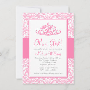 Roze Damask Princess Crown Girl Baby shower Kaart
