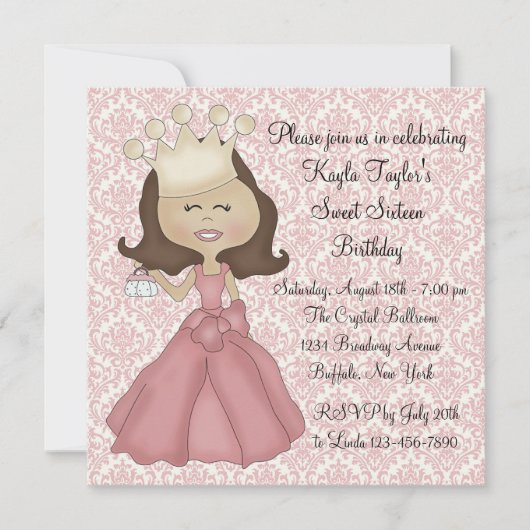 Roze Damask Prinses Sweet 16 Feest Kaart (Voorkant)