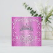 Roze Damask Quinceanera Diamond Tiara Invite Kaart (Staand voorkant)