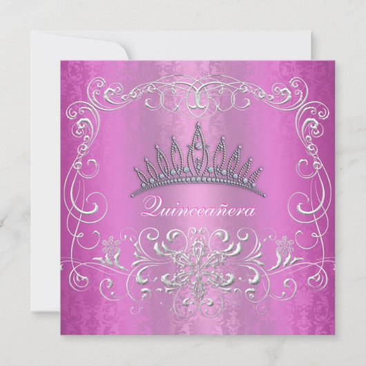 Roze Damask Quinceanera Diamond Tiara Invite Kaart (Voorkant)