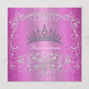 Roze Damask Quinceanera Diamond Tiara Invite Kaart