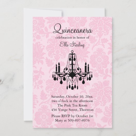 Roze Damask Quinceanera Uitnodiging (Voorkant)