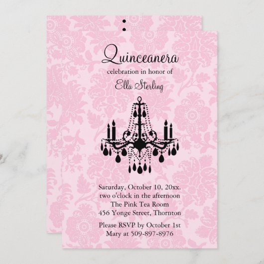 Roze Damask Quinceanera Uitnodiging (Voorkant / Achterkant)